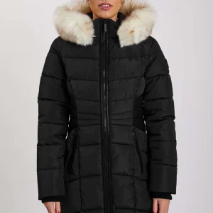 Manteau long noir avec fourrure Point Zéro pour femme