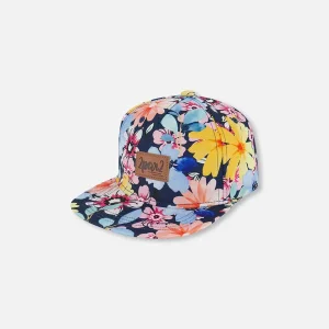 CASQUETTE POUR ENFANT, FLEURS MARINES, ROSES ET JAUNES