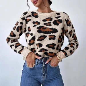 Pull Léopard Décontracté Femme – Style Automne-Hiver
