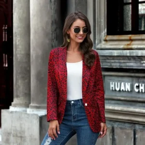 Blazer Femme Léopard à Boutons Rouge