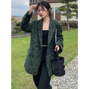 Blazer Imprimé Léopard Oversize Vert