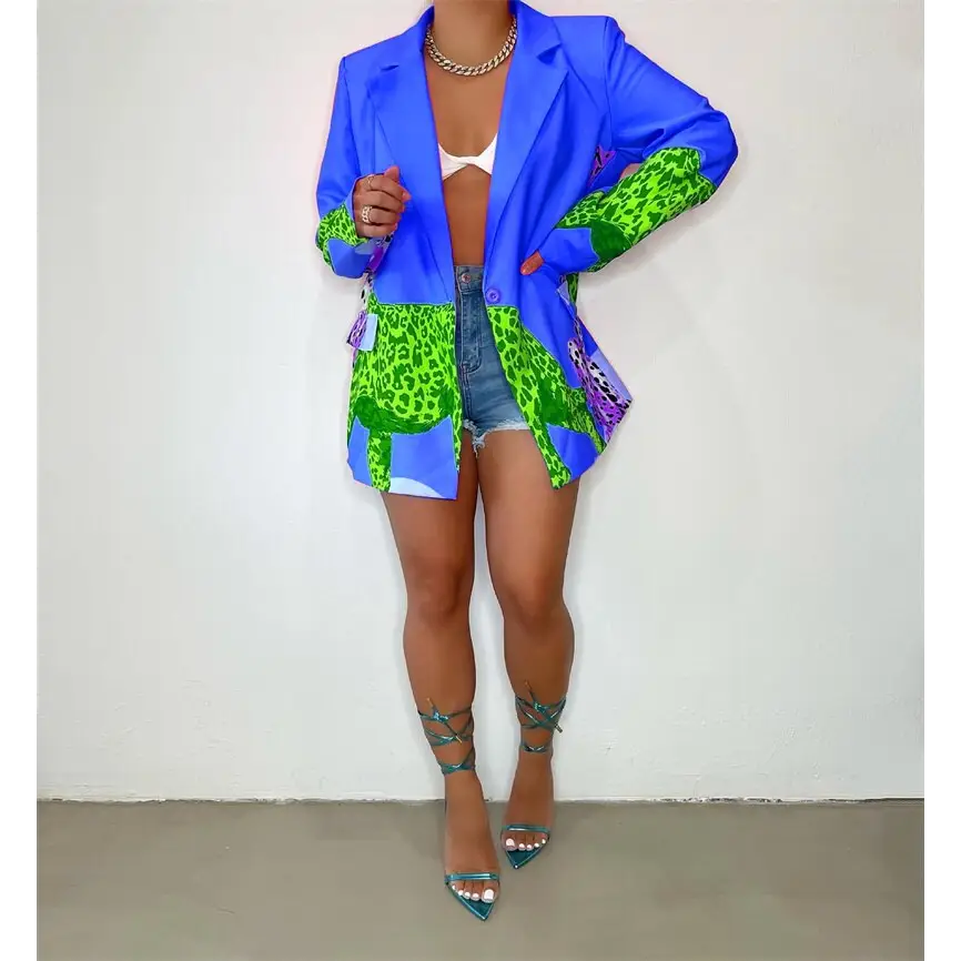 Blazer Léopard Patchwork Bleu