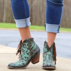 Bottines Léopard Femme Vertes à Franges