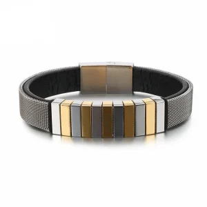 BRACELET CUIR ET MÉTAL HOMME - (ACIER)