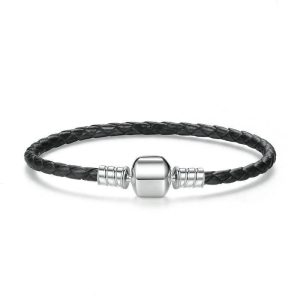 BRACELET CUIR NOIR FEMME - (ARGENT)