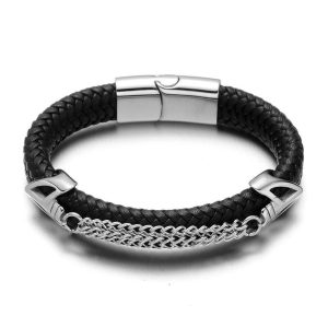 BRACELET CUIR NOIR HOMME - (ACIER)
