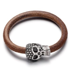 BRACELET CUIR TÊTE DE MORT HOMME - (ACIER)