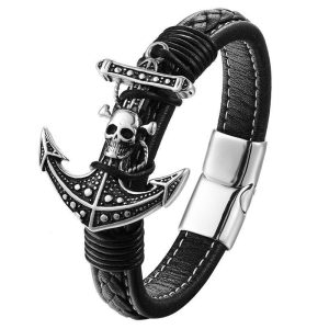 BRACELET HOMME ANCRE MARINE CUIR - (BATEAU)