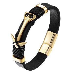 BRACELET HOMME CUIR AVEC ANCRE - (MARINE)