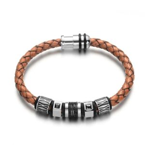BRACELET HOMME CUIR MARRON - (ACIER)
