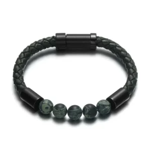 BRACELET HOMME PERLES CUIR - (TRESSÉ NOIR)