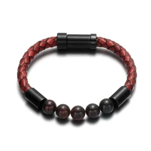 BRACELET HOMME PERLES ET CUIR - (TRESSÉ ROUGE)