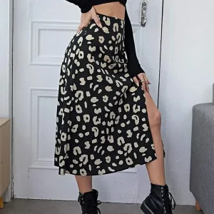 Jupe Midi Fendue Léopard Noire