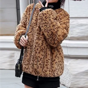 Manteau Imprimé Léopard Fausse Fourrure Marron