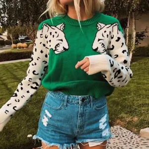 Pull Femme Imprimé Léopard Vert