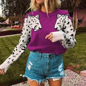 Pull Femme Imprimé Léopard Violet