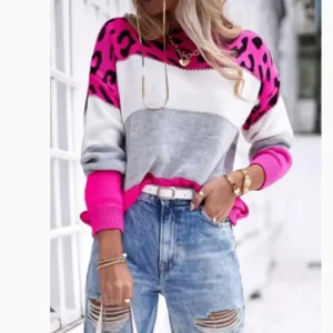 Pull Femme Imprimé Rose Vif Léopard