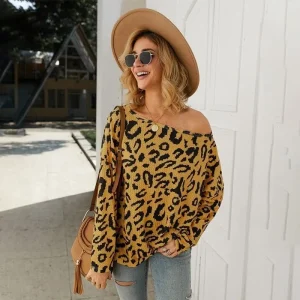 Pull Léopard Col Bardot Moutarde