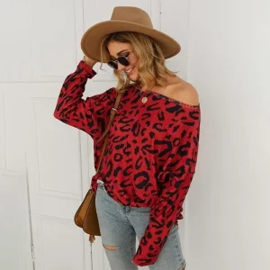 Pull Léopard Col Bardot Rouge