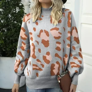 Pull Léopard Col Cheminé Gris