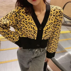 Pull Léopard Femme Col V Jaune