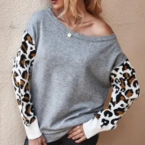 Pull Léopard Manches Longues Gris