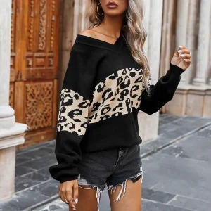 Pull Noir à Motif Léopard