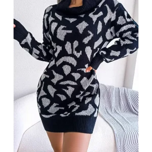 Robe Léopard à Col Roulé Tombant Noire