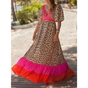 Robe Léopard Longue Bohème Chic Rouge
