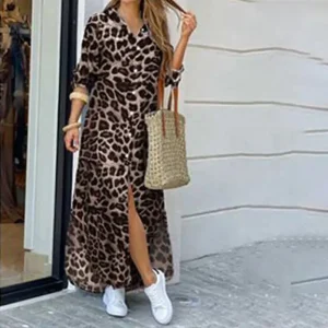 Robe Longue Léopard Kaki Manches Longues