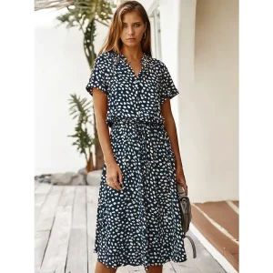 Robe Mi-Longue Bohème Motif Léopard Bleu Marine
