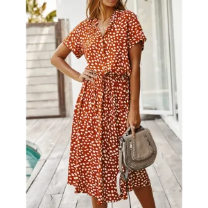 Robe Mi-Longue Bohème Motif Léopard Orange