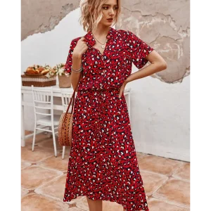Robe Mi-Longue Bohème Motif Léopard Rouge