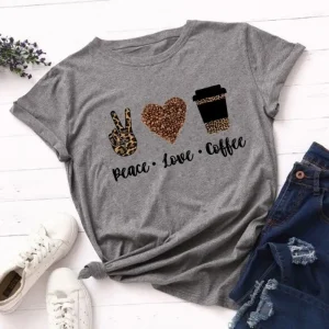 T-Shirt Léopard Peace Love Coffee Marron