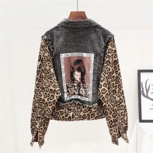 Veste en Jean Imprimée Léopard Grise